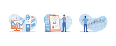 Payment instruments in computer screen.A male accountant is making financial graphs on the clipboard. Analyze stock market charts. Business analysis instruments concept. Set flat vector illustration.