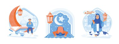 Muslim people praying and reading Al Quran. Praying on mat. Communication via smartphone. Ramadan Kareem concept. Set flat vector illustration.