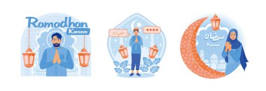 Muslims saying Ramadan greetings. Decorated with lanterns. Background of mosque silhouette. Ramadan Kareem concept. Set flat vector illustration.
