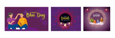 Happy bhai dooj in India. Festival of lights in India. Indian people in traditional clothes and burning Diya. Diwali Festival concept. Set flat vector illustration.