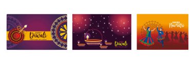 Happy Diwali celebration. Festival of lights in India.Navratri Dussehra festival in India. Diwali Festival concept. Set flat vector illustration.