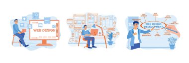 Man working on computer. Developing a website on a computer. Young man sketching web development on computer. Web design concept. Set flat vector illustration.
