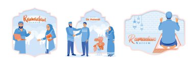 Muslims learn to read the Koran together. Muslim men shake hands with each other. Pray and raise your hands. Ramadan Kareem concept. Set flat vector illustration.