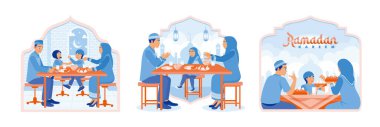 Muslim families eat sahur together. Iftar together. Pray and eat together. Ramadan Kareem concept. Set flat vector illustration.