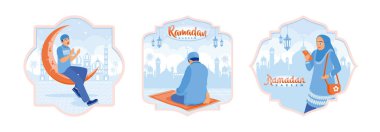 Muslim man praying. A man sits on a prayer mat. Pray and worship Allah. Muslim woman holding cell phone. Ramadan Kareem concept. Set flat vector illustration.