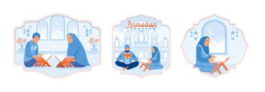 Muslims welcomes the holy month of Ramadan.Reading the Koran. Muslim activities at night Ramadhan. Ramadan Kareem concept. Set flat vector illustration.