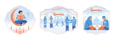 Boy learn to read the Koran. Muslim people greet each other and shake hands. Muslim couple reading and studying the Quran. Ramadan Kareem concept. Set flat vector illustration.