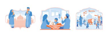 Muslim man and woman Greet each other and give greetings. Muslim family iftar together. Muslim people celebrate Eid al-Fitr. Ramadan Kareem concept. Set flat vector illustration.