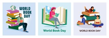 Man is reading a book. A girl reads a fantasy book with a large book in the background. People are reading books. World Book Day concept. Set flat vector illustration.