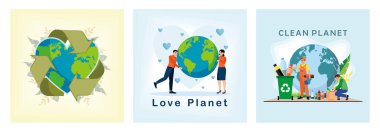 Save the earth and the environment. Earth Day concept. People holding a globe. People love and care about nature. People recycle waste. Save the earth from trash. Set flat vector illustration.