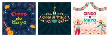 Mexican mariachi folk music parade. Cinco de mayo concept. Federal holidays in Mexico. Party with food, flowers and traditional music. Set flat vector illustration.
