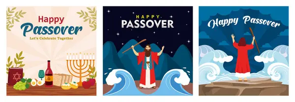 Easter meal with candles and holy book. Moses parted the Red Sea. Jewish holiday Pesach. Moses with a rod parted the Red Sea.Passover Day concept.Set flat vector illustration.