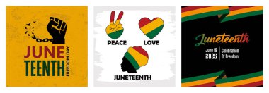 Black Emancipation Day. Clenched hands break the chain. Peace, Love, Juneteenth. Pan-African flag on black background. Juneteenth concept. Set flat vector illustration.