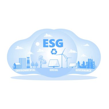Illustration showing the ESG concept. Showcasing environmental, social, and renewable resource governance. Sustainability concept. Flat vector illustration.