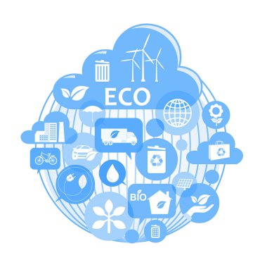 Eco-friendly concepts and sustainable practices. Recycling, renewable energy, and conservation, present a vision of a green and clean environment. Green and sustainable environment concept. Flat vector illustration.