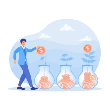 A businessman keeps coins in a bottle. Symbolizes investment and financial growth through strategic planning and nurturing for future success. Investing money in self-development concept. Flat vector illustration.
