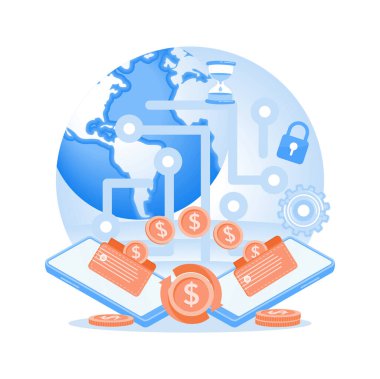 Global digital transactions. It features mobile phones, currency, and security elements that symbolize the interconnectedness of a secure online financial system. Investing money in self-development concept. Flat vector illustration.us