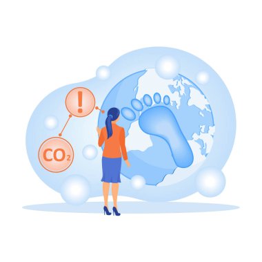A woman is observing the sustainable industry. Reduce CO2 emissions and climate impacts. Circular Economy concept. Flat vector illustration.