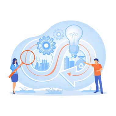 Sustainable development with environmentally friendly solutions. Optimal reuse of resources and reduced waste management. Circular Economy concept. Flat vector illustration.