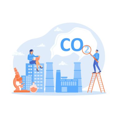 Experts analyze carbon emissions from industrial smokestacks. Environmental sustainability and climate awareness. Circular Economy concept. Flat vector illustration.