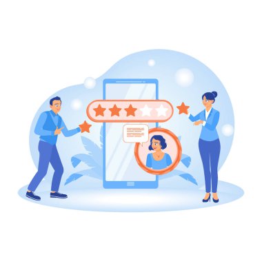 Digital evaluation concept. People fill out survey forms and get star ratings. Online Survey concept. Flat vector illustration.