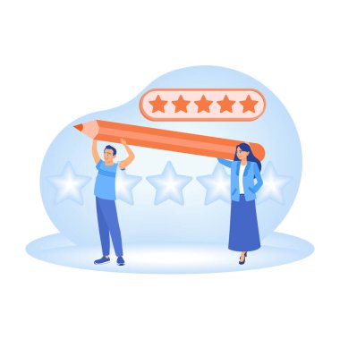 Illustration of feedback and surveys. Both men and women gave five-star feedback ratings. Online Survey concept. Flat vector illustration.