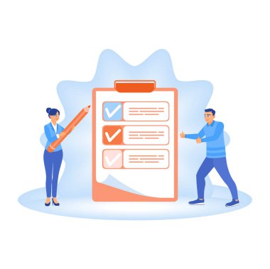Illustration of feedback and surveys. Men and women fill out a survey form and put a tick on a clipboard. Online Survey concept. Flat vector illustration.