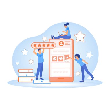 Online feedback via smartphone. Customer satisfaction and reactions with star ratings. Online Survey concept. Flat vector illustration.