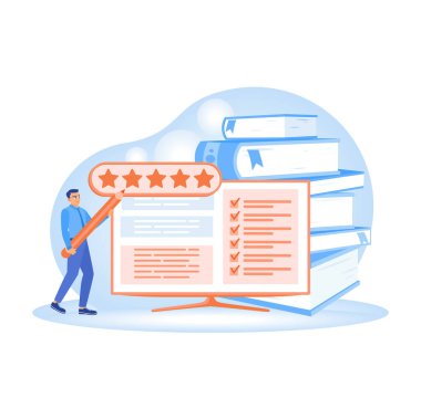 User experience concept. A man gives a five-star rating on the computer. Online Survey concept. Flat vector illustration.