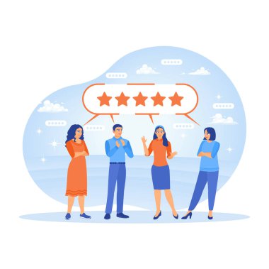 Customer satisfaction. A group of people who give 5-star reviews for quality service. Online survey concept. Flat vector illustration.