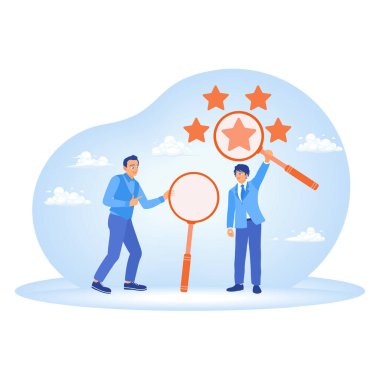 Employee performance appraisal. Entrepreneurs analyze and score star qualities. Customer Feedback concept. Flat vector illustration.
