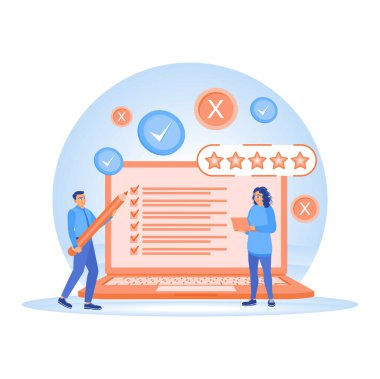 Customer experience and satisfaction. People fill out an online survey form, mark with a pencil, and get 5-stars. Customer Feedback concept. Flat vector illustration.