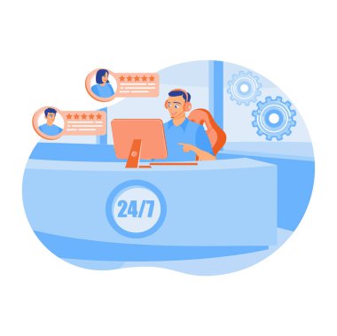 Friendly customer service agents at the call center desk. Man with microphone providing assistance service to the client. Customer Satisfaction concept. Flat vector illustration.