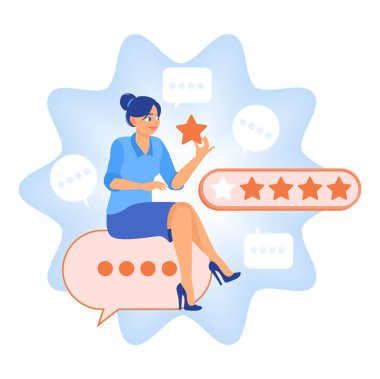 User ratings or feedback. A woman with a positive review gave a low star rating. Customer Satisfaction concept. Flat vector illustration.
