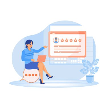 Business feedback and customer satisfaction. A woman uses a laptop, presenting a five-star rating system and positive reviews. Customer Satisfaction concept. Flat vector illustration.