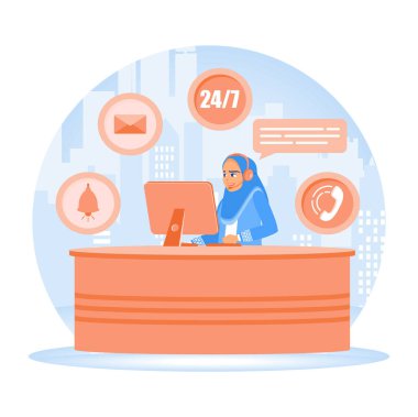 A woman in hijab works as a call center agent. Customer service representatives provide 24/7 support. Customer Service Representative concept. Flat vector illustration.