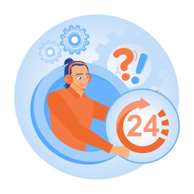 24/7 global online technical support. The hotline operator consults with the customer with a headset on the computer. Customer Service Representative concept. Flat vector illustration.