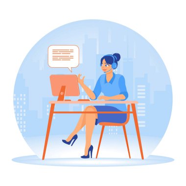 Support, help, and call center. Customer service representative communicating with a client via a headset at a desk in the workspace. Customer Service Representative concept. Flat vector illustration.