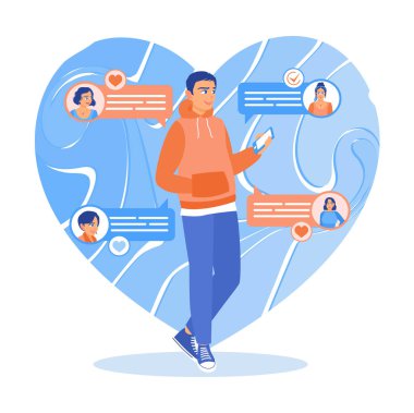 Online dating. A young man uses a smartphone to chat with friends and acquaintances. Concept of Young People Using Smartphones. Flat vector illustration.
