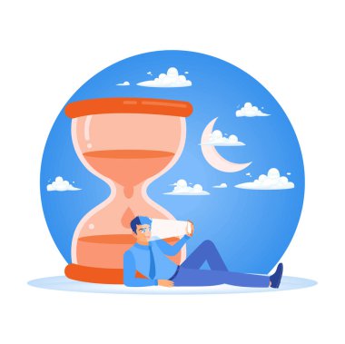 Addicted to playing cell phones. Exhausted man sitting with sand glasses using smartphone with bright light. Concept of Young People Using Smartphones. Flat vector illustration.