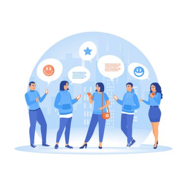 A group of individuals who communicate digitally. Send text messages and exchange messages. Concept of Young People Using Smartphones. Flat vector illustrationn.