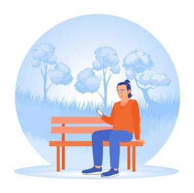 Young people holding smartphones. The man sitting on a park bench and interacting with his smartphone. Concept of Young People Using Smartphones. Flat vector illustration.