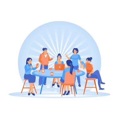 A group of young people gathered at a round table. Socialize and use digital devices. Concept of Young People Using Smartphones. Flat vector illustration.