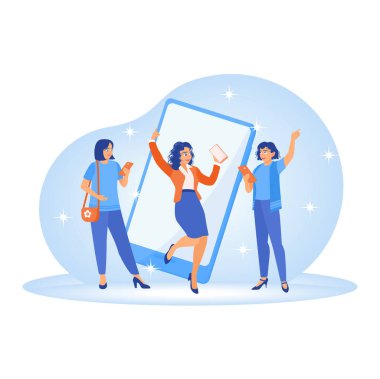 People enjoy modern technology and communication. Group of young women staring at smartphone screens while reading messages. Concept of Young People Using Smartphones. Flat vector illustration.