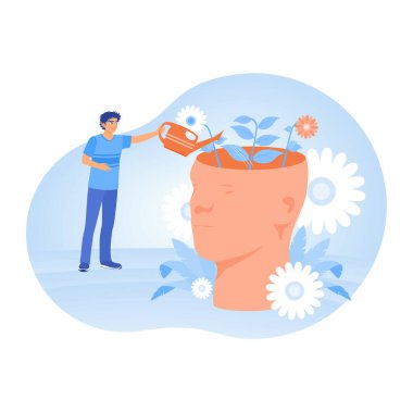 Mental health, development, and self-care. Man watering plants symbolizes happy thoughts. Mental Health concept. Flat vector illustration.