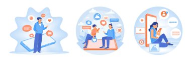 Young people interacting with smartphones. Send text messages, chat online, and use social media apps. Internet or online communication. Concept of Young People Using Smartphones. Set flat vector illustration.