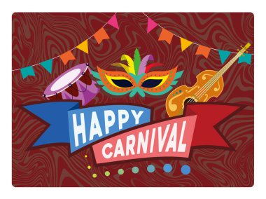 Carnival Party Banner with masks, colorful flags, and musical instruments. Carnival celebrations are lively and joyful. Carnival party concept. Flat vector illustration.
