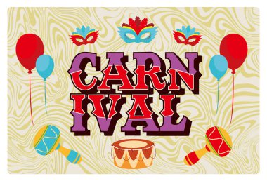 A lively carnival with masks, drums, and colorful balloons. Exhilarating traditional Brazilian carnival celebration. Carnival party concept. Flat vector illustration.