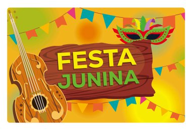 The tradition of celebrating the lively Festa Junina with feather masks. Traditional music parade with guitars and colorful flag decorations. Carnival party concept. Flat vector illustration.