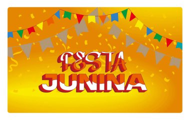 Brazil's vibrant Festa Junina with colorful flags and confetti. Annual celebration tradition in Latin America. Carnival party concept. Flat vector illustration.